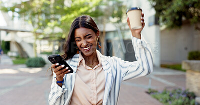 Buy stock photo Happy woman, dancing and celebration with phone or coffee in city for good news, vibe or promotion. Female person, employee or excited with smile, mobile smartphone or caffeine in an urban town