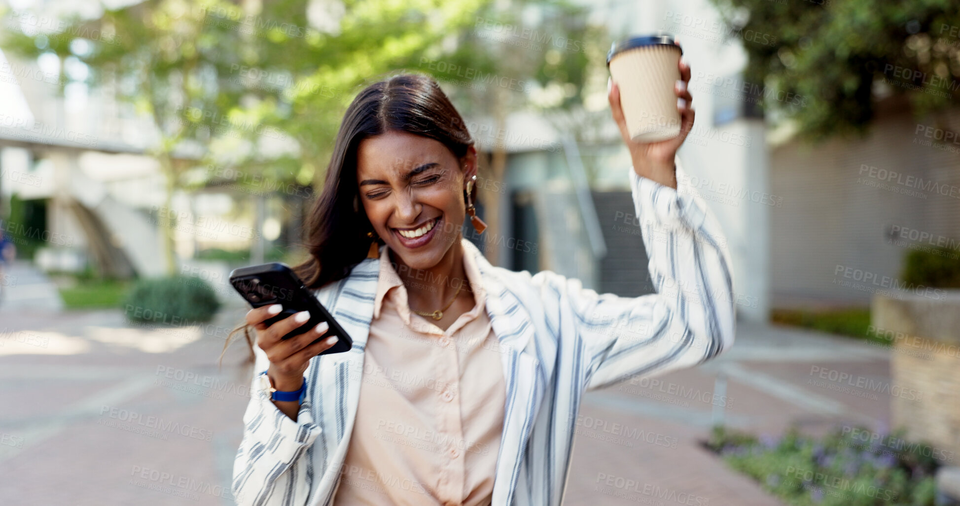 Buy stock photo Happy woman, dancing and celebration with phone or coffee in city for good news, vibe or promotion. Female person, employee or excited with smile, mobile smartphone or caffeine in an urban town
