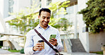 Happy, businessman and phone with coffee in city for online chatting, texting or app. Man, employee or traveler with smile on mobile smartphone for conversation, reading news or discussion in town