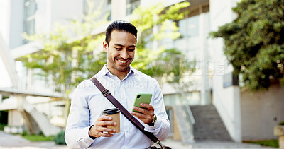 Buy stock photo Happy, businessman and phone with coffee in city for online chatting, texting or app. Man, employee or traveler with smile on mobile smartphone for browsing, reading news or social media in town