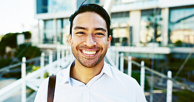 Buy stock photo Portrait, smile and businessman in city with morning commute, travel and outdoor for trip. Law firm, attorney or lawyer intern with New York opportunity, confidence and excited for advocate job