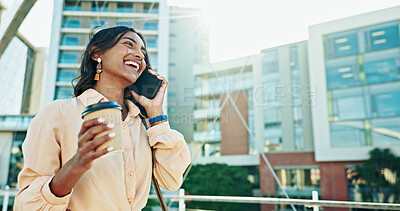 Buy stock photo Happy, business woman and phone call with coffee in city for communication, conversation or chat. Female person, employee or traveler with smile on mobile smartphone for online discussion in town
