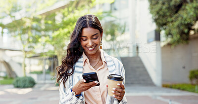 Buy stock photo Happy woman, phone and walking with coffee in city for social media, chatting or reading news. Female person, worker or business employee with smile on mobile smartphone for online texting or app