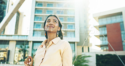 Buy stock photo Thinking, morning and smile with business woman in city for commute, reflection and planning. Pride, confidence and vision with female employee in outdoor for inspiration, opportunity and future
