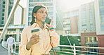 Business woman, talking and phone call with coffee in city for communication, conversation or chat. Female person, employee or traveler listening on mobile smartphone for online discussion in town