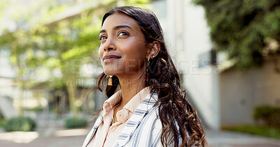 Buy stock photo Thinking, urban and travel with business woman in city for reflection, future and morning commute. Pride, confidence and professional with person in downtown for corporate, vision and memory