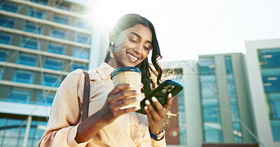 Buy stock photo Happy, business woman and phone with coffee in city for social media, communication or reading news. Female person, employee or travel with drink or mobile smartphone for online chat, browsing or app