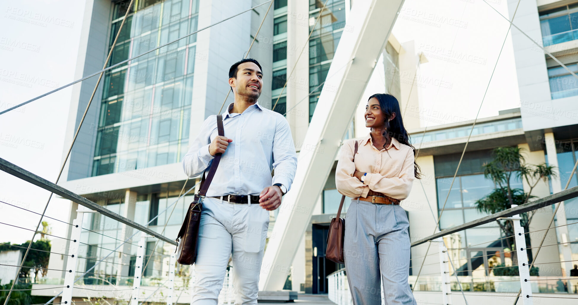 Buy stock photo Man, woman and smile in city with outdoor, morning commute and travel for business trip. Walking, attorney and lawyer intern with New York opportunity, confidence and excited for advocate job