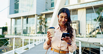Buy stock photo Happy woman, phone and coffee with bridge in city for social media, communication or reading news. Female person, employee and travel with drink or mobile smartphone for online chat, browsing or app