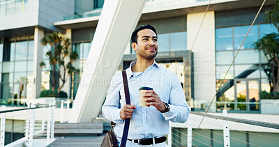 Buy stock photo Coffee, smile and businessman walk in city with outdoor, morning commute and travel for trip. Law firm, attorney or lawyer intern with New York opportunity, confidence and excited for advocate job