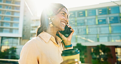 Buy stock photo Business, phone call and woman in city, smile and coffee with urban town, buildings and lens flare. Happy person, outdoor and employee in street, cellphone and conversation with app for communication