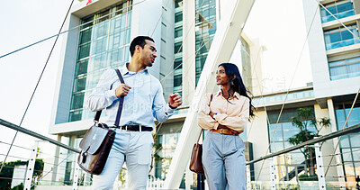 Buy stock photo Man, woman and conversation in city with outdoor, morning commute and travel for business trip. Walking, attorney and lawyer intern with New York opportunity, confidence and talking for advocate job