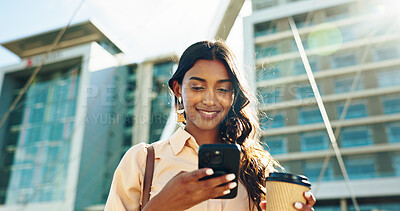 Buy stock photo Phone, coffee and low angle with business woman in city for communication, corporate email and travel. Networking, contact and reading with person on bridge for professional, online news and text