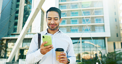Buy stock photo Happy man, phone and browsing with coffee in city for online chatting, texting or app. Businessman, employee or traveler with smile on mobile smartphone for social media, communication or network