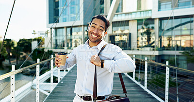 Buy stock photo Business, dancing and man in city, coffee and smile with urban town, energy and excited. Person, outdoor and employee with positive mindset, travel and happiness with celebration, cheerful and tea
