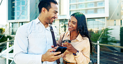 Buy stock photo Man, woman and laugh in city with smartphone, morning commute and travel for business trip. Funny joke, attorney and lawyer intern with New York opportunity, confidence and excited for advocate job
