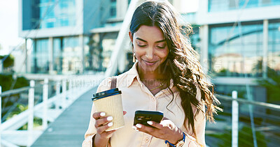 Buy stock photo Phone, coffee and morning with business woman in city for communication, corporate email and travel. Networking, contact and reading with person on bridge for professional, online news and text