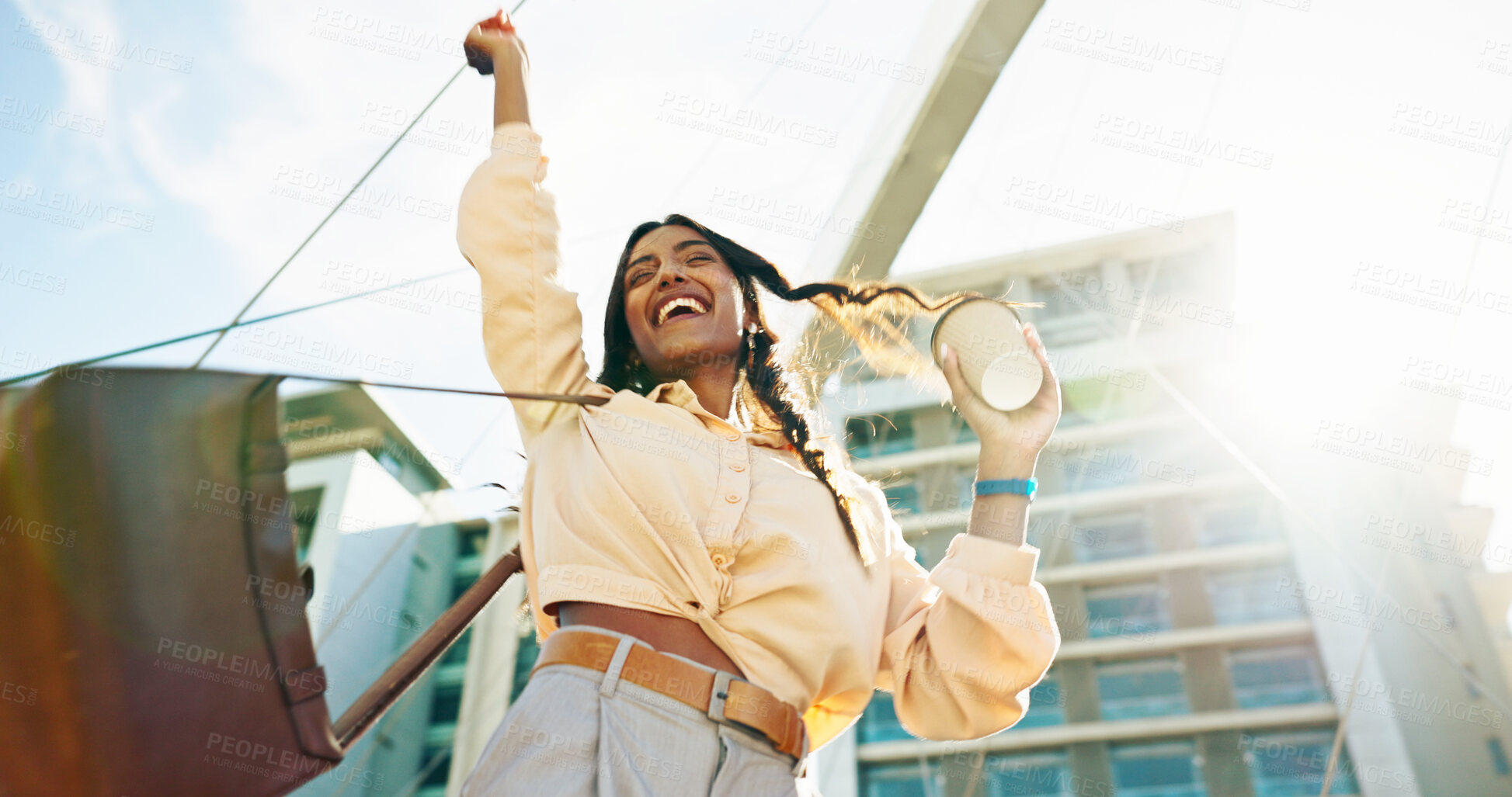 Buy stock photo Excited, city and woman with coffee, cheering and fashion blogger in morning, outdoor or low angle. Travel, happy and style influencer with tea, dance and joy for milestone in career or trendsetter