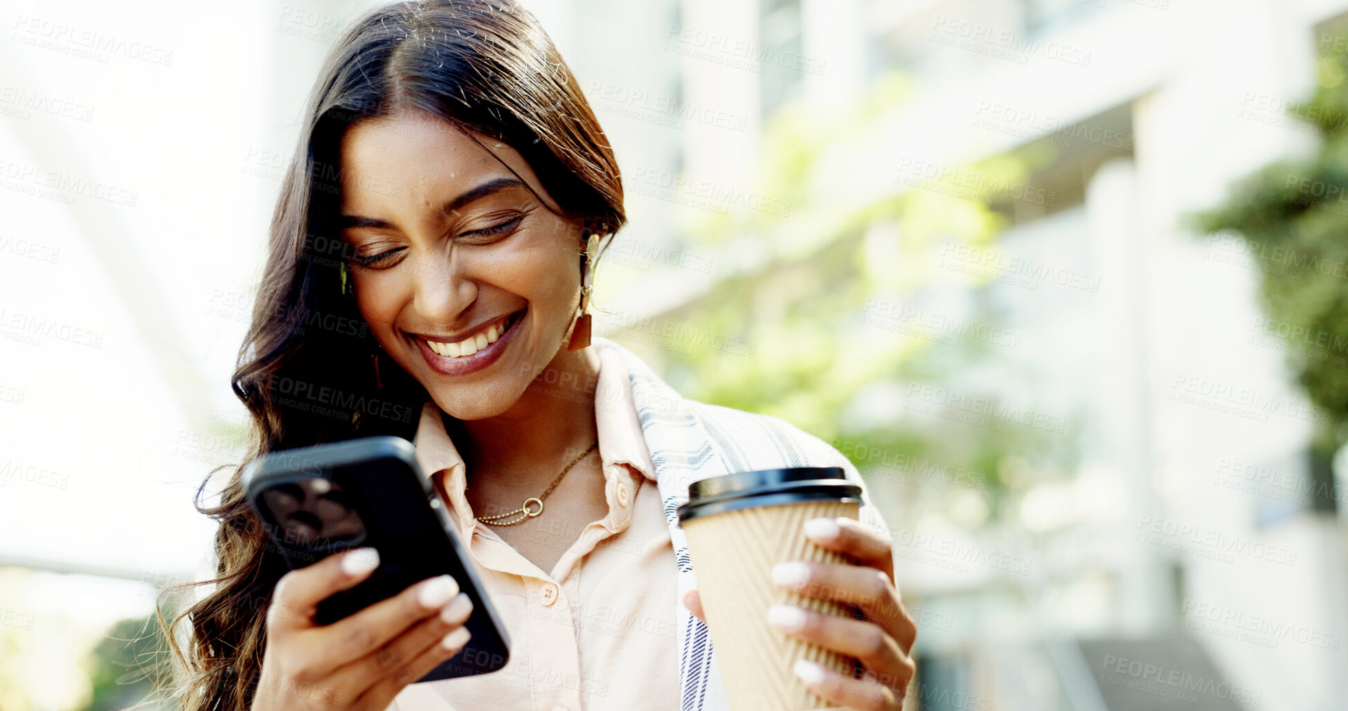 Buy stock photo Happy woman, phone or laughing with coffee in city for online chatting, texting or social media app. Female person, employee or traveler with smile on mobile smartphone for conversation or funny news