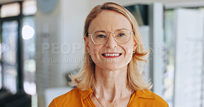 Buy stock photo Glasses, portrait and shopping with mature woman for eye care, healthcare and store. Optometry, lens check and frame choice with female customer in clinic for ophthalmologist, vision and prescription