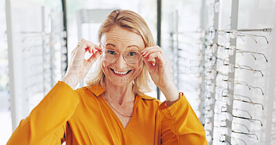 Buy stock photo Glasses, portrait and optometry with woman and choice for eye care, healthcare and store. Shopping, lens check and frame with female customer in clinic for ophthalmologist, vision and prescription
