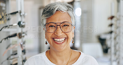 Buy stock photo Glasses, optometry and portrait with mature woman for eye care, healthcare and store. Shopping, lens check and frame choice with female customer in clinic for ophthalmologist, vision and prescription
