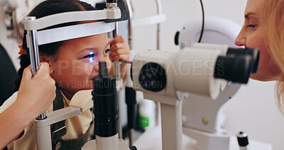 Buy stock photo Doctor, child and eye care examination with ophthalmoscope for retina assessment or ocular health. Pediatric, specialist and girl patient with medical instrument for glaucoma exam and vision wellness
