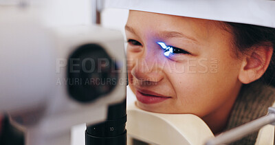 Buy stock photo Health, child or eye care examination with ophthalmoscope for retina assessment or ocular wellness. Pediatric experience, laser or kid patient with medical instrument for glaucoma exam or vision test
