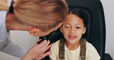 Buy stock photo Doctor, light or child in eye test at optometry clinic for eyewear diagnosis, help and sight wellness. Check, tool or happy girl kid in assessment for optical health, vision exam and consultation