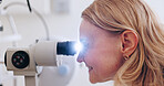 Eye exam, ophthalmology and woman in clinic for healthcare, vision test and slit lamp machine. Medical, optometry and consulting with person and equipment for lens, assessment and retina checkup