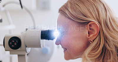Buy stock photo Eye exam, ophthalmology and woman in clinic for healthcare, vision test and slit lamp machine. Medical, optometry and consulting with person and equipment for lens, assessment and retina checkup