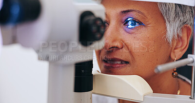 Buy stock photo Eye exam, vision and light with old woman in clinic for optometrist, healthcare and consulting. Medical, ophthalmologist and slit lamp with patient and equipment for retina, test and assessment