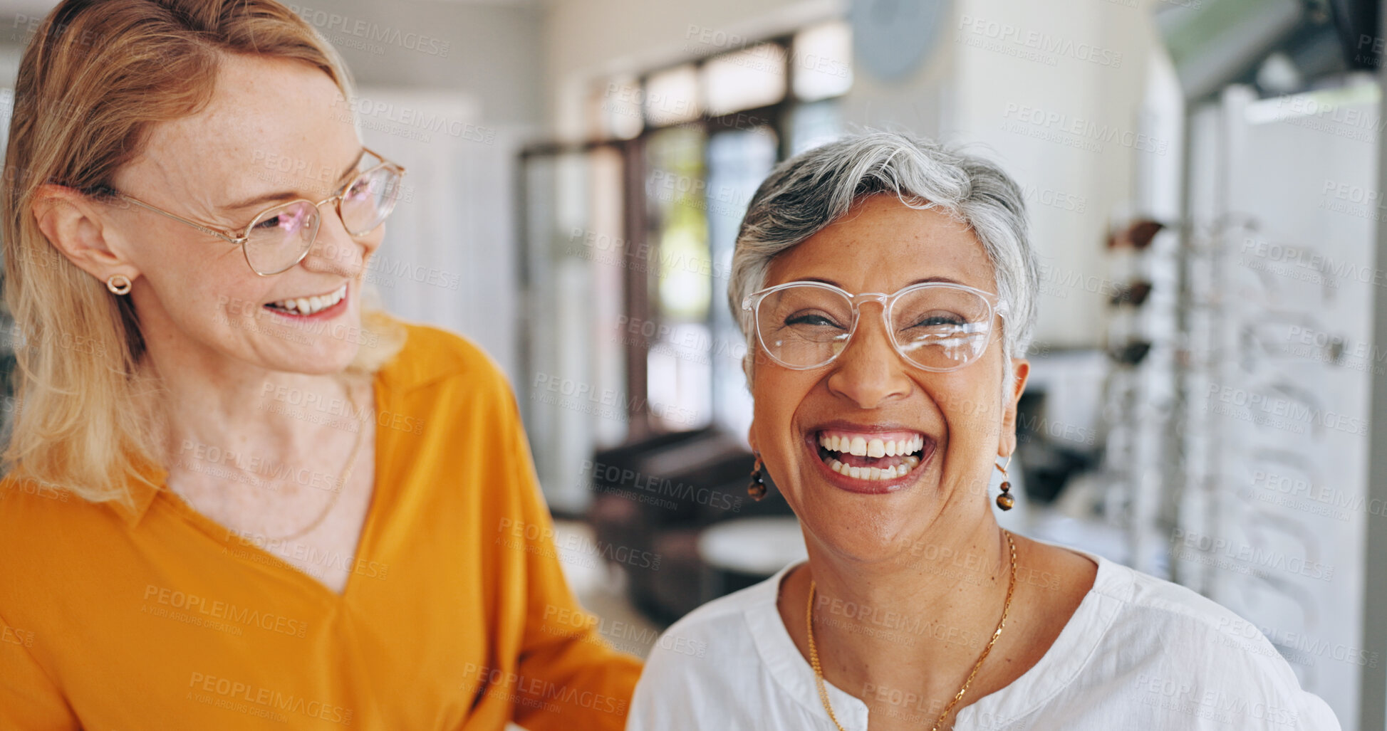 Buy stock photo Glasses, store and consulting with people for eye care, healthcare and optometry. Shopping, lens check and frame choice with customer in clinic for ophthalmologist, vision and prescription help