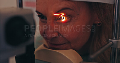 Buy stock photo Eye exam, healthcare and light with old woman in clinic for optometrist, vision and consulting. Medical, ophthalmologist and slit lamp with patient and equipment for retina, test and assessment