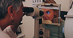 Optometrist, consulting and light with old woman in clinic for eye exam, healthcare and vision. Medical, ophthalmologist and slit lamp with people and equipment for retina, test and assessment