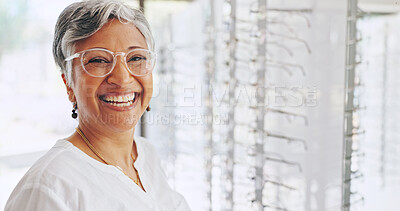 Buy stock photo Glasses, portrait and smile with woman in store for eye care, healthcare and optometry. Shopping, lens check and frame with mature customer in clinic for ophthalmologist, vision and prescription
