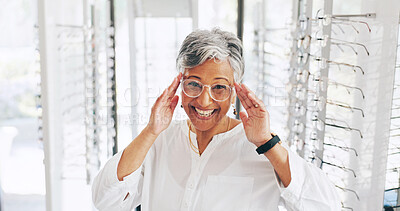 Buy stock photo Glasses, portrait and frame with woman in store for eye care, healthcare and optometry. Shopping, lens check and smile with mature customer in clinic for ophthalmologist, vision and prescription
