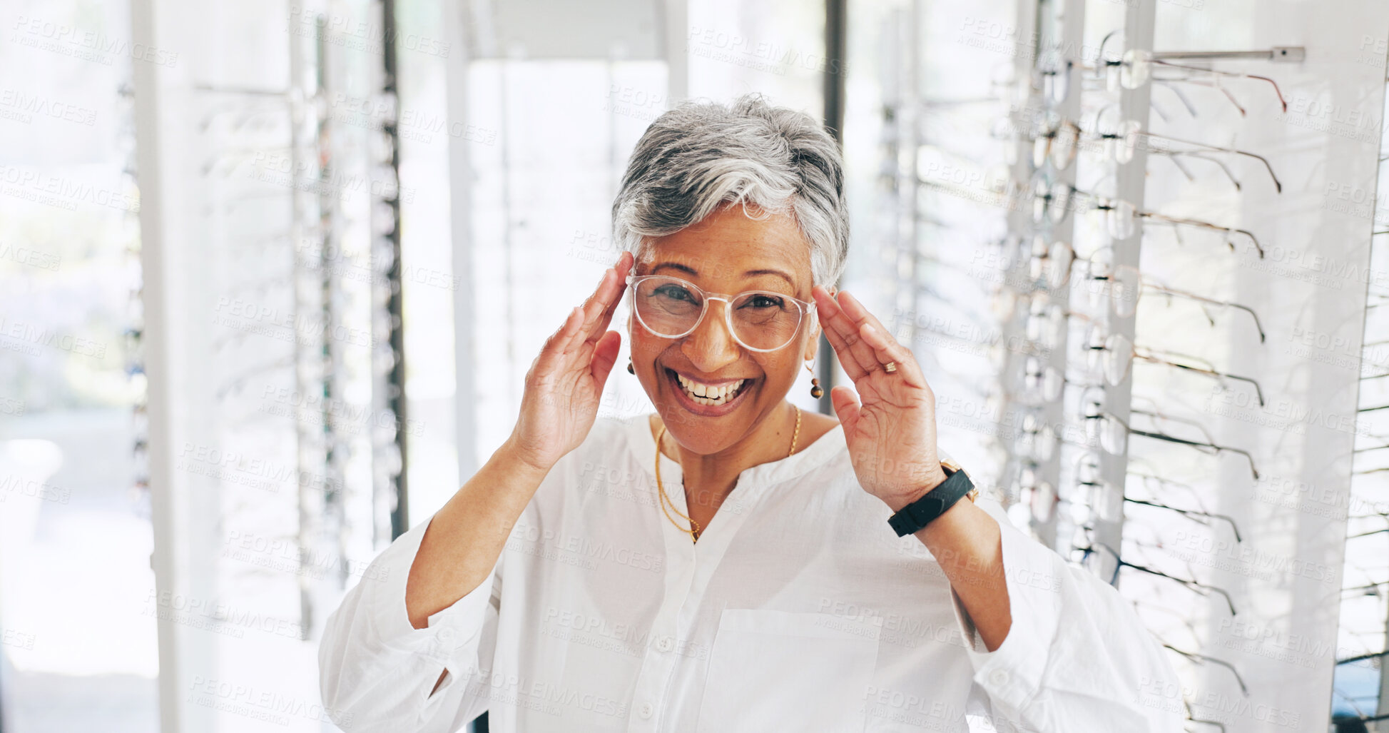 Buy stock photo Glasses, portrait and frame with woman in store for eye care, healthcare and optometry. Shopping, lens check and smile with mature customer in clinic for ophthalmologist, vision and prescription
