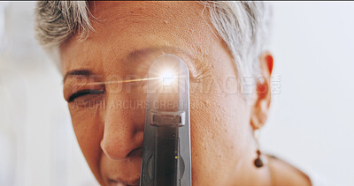 Buy stock photo Optometrist, pov and retinoscope with mature woman in clinic for eye exam, healthcare and vision. Medical, ophthalmologist and glaucoma test with person and tools for retina, light and assessment