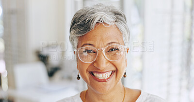 Buy stock photo Glasses, store and portrait with mature woman for eye care, healthcare and optometry. Shopping, lens check and frame choice with female customer in clinic for ophthalmologist, vision and prescription