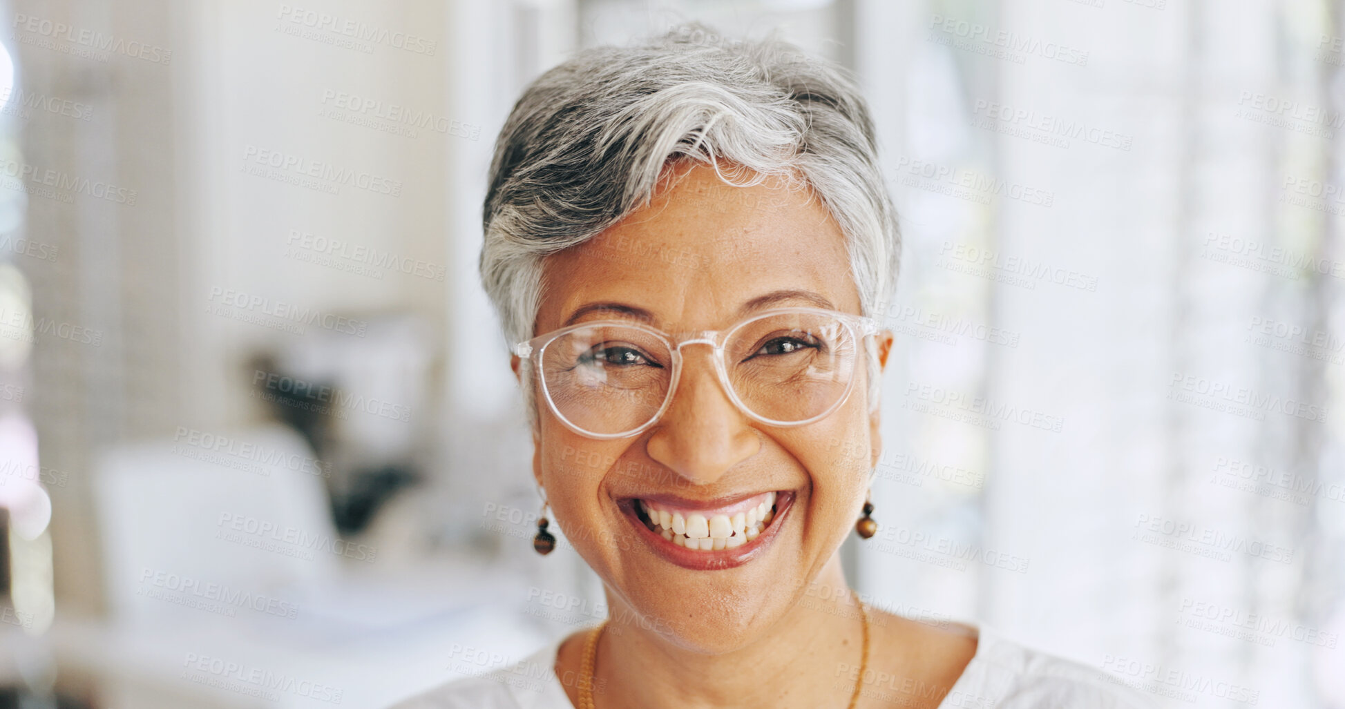 Buy stock photo Glasses, store and portrait with mature woman for eye care, healthcare and optometry. Shopping, lens check and frame choice with female customer in clinic for ophthalmologist, vision and prescription
