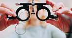Healthcare, eyecare and glasses for eye test, clinic and exam for vision, lens and assessment for client. Hospital, frame and hands with eyewear, eyesight and diagnosis for optometry and person