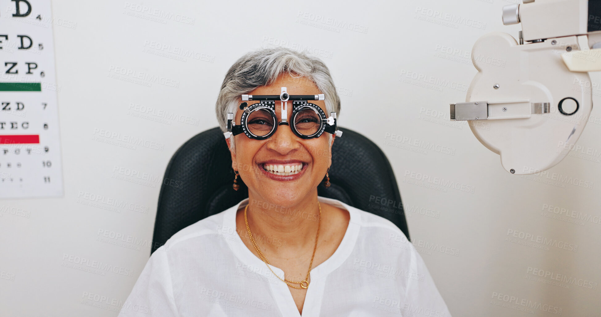 Buy stock photo Client, portrait or mature woman in eye test at optometry clinic for eyewear, treatment or sight wellness. Trial glasses, 
face or smile in assessment for diagnosis, exam or consultation in Brazil