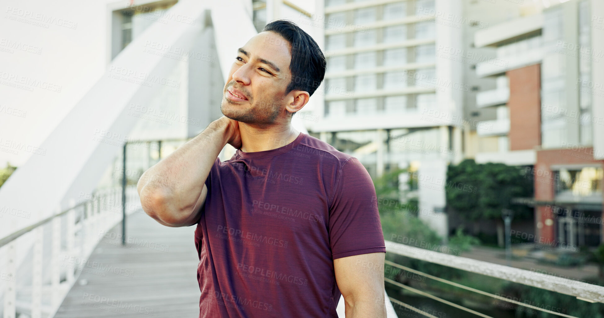 Buy stock photo Runner, neck pain and injury or ache with workout, strain and exercise in city. Man, athlete and stretching with accident, sore or bruise with inflammation and outdoor training for fitness in town