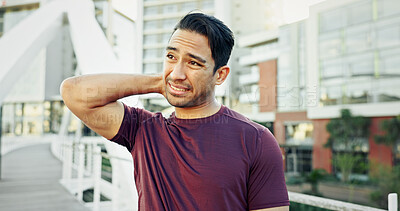 Buy stock photo Running, thinking and neck pain with man in city for cardio, fatigue and workout. Health, competition training and fitness with male person in outdoor for reflection, exercise and sports injury