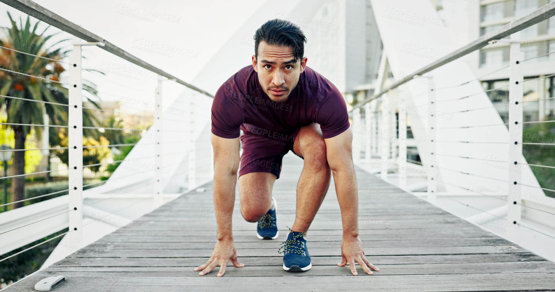 Buy stock photo Portrait, start and man in city, runner and fitness with exercise, bridge and training. Asian person, outdoor and athlete with practice, hobby or cardio with workout and wellness in New York