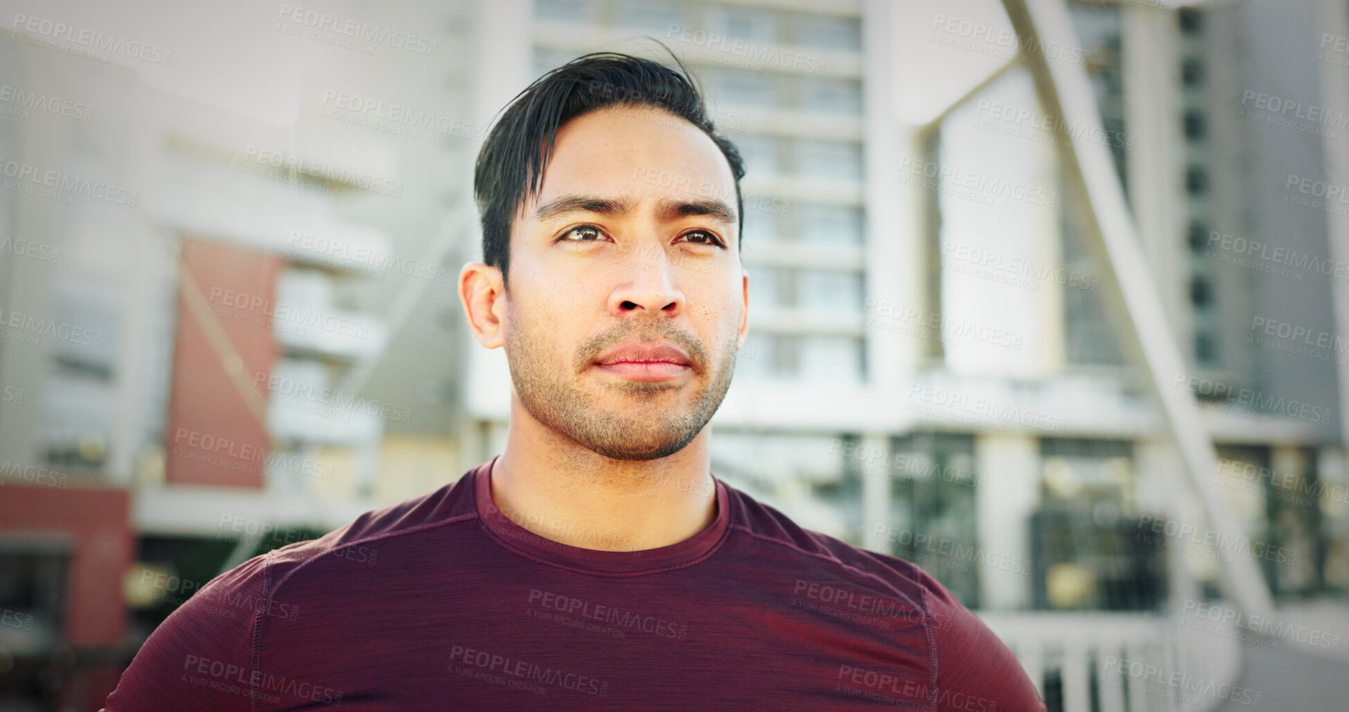 Buy stock photo Running, thinking and relax  with man in city for cardio, marathon practice and workout. Health, competition training and fitness with male person in outdoor for reflection, exercise and sports