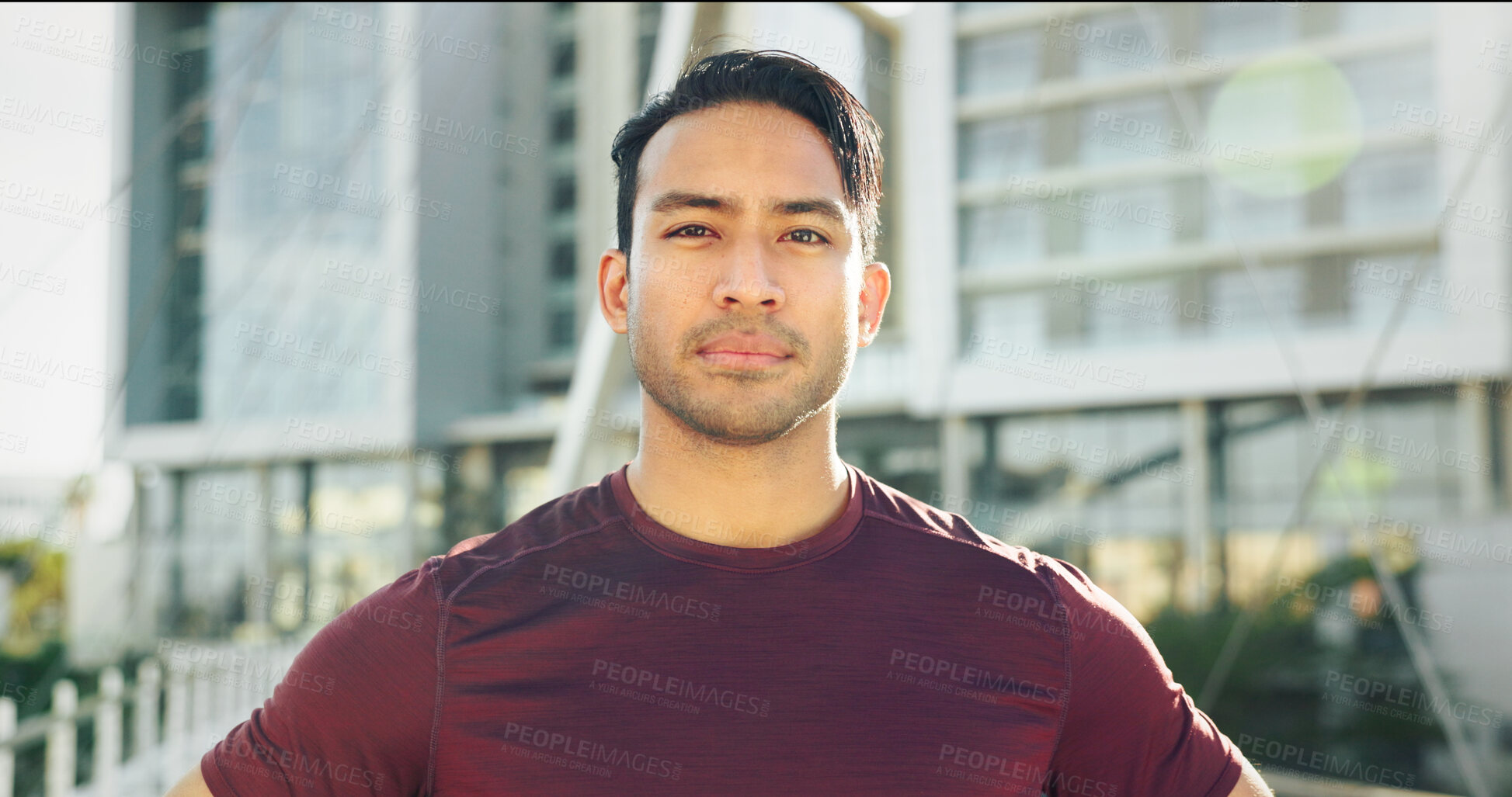 Buy stock photo Portrait, exercise and man in city, runner and urban town with buildings, training and sportswear. Face, healthy athlete and Asian person in street, confidence and wellness with workout and pride