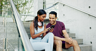 Buy stock photo Steps, city and couple with phone, exercise break and smile for support or challenge in New York. Athlete, man and woman in urban town with health tracker, fitness and training for marathon endurance