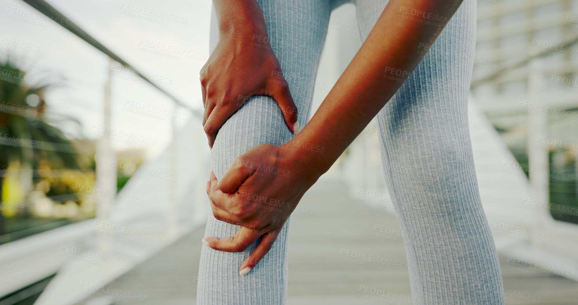 Buy stock photo Runner, knee pain and injury or accident with workout, strain and exercise in city. Woman, athlete and stretching with ache, sore or bruise with inflammation and outdoor training for fitness in town